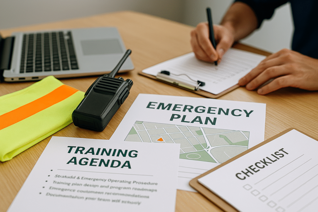 Emergency preparedness planning workspace with radio, training agenda, and checklist